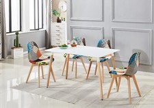 Patchwork Halo Dining Table Set for 4 w/ 4 Fabric Dining Chairs & a White Table