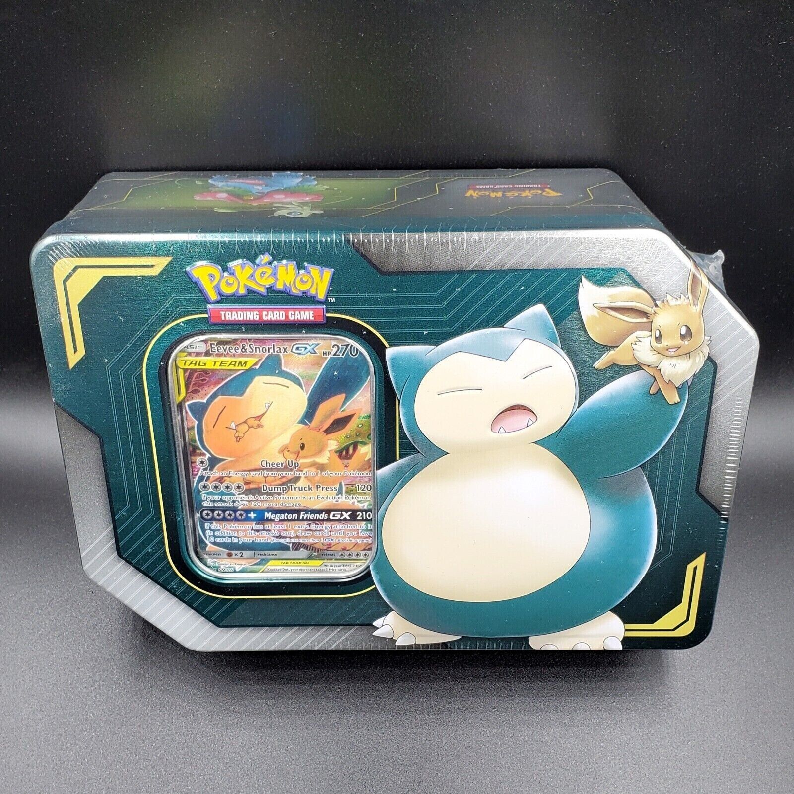 Pokemon Tag Team GX Tin - Eevee & Snorlax SM169 Card, 4 Packs | Factory Sealed