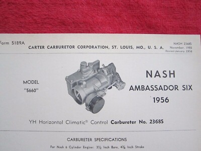 1956 NASH 6Cyl AMBASSADOR, YH CARTER CARBURETOR SPEC & INFO SHEET