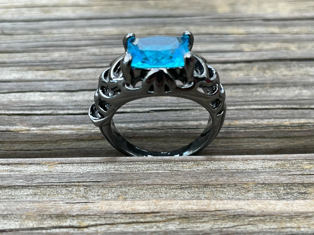 Fashion Ring Black Tone Faux Blue Stone Women Rings Fashion Jewelry Size 7.5