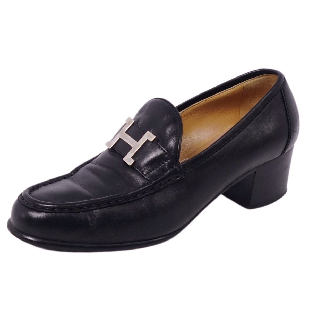 HERMES Loafers Flat Shoes Constance Black H Logo Leather