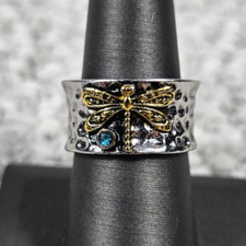 Sterling Silver  CZ Dragonfly Mixed Metal 7 Gram Band Ring Size 8