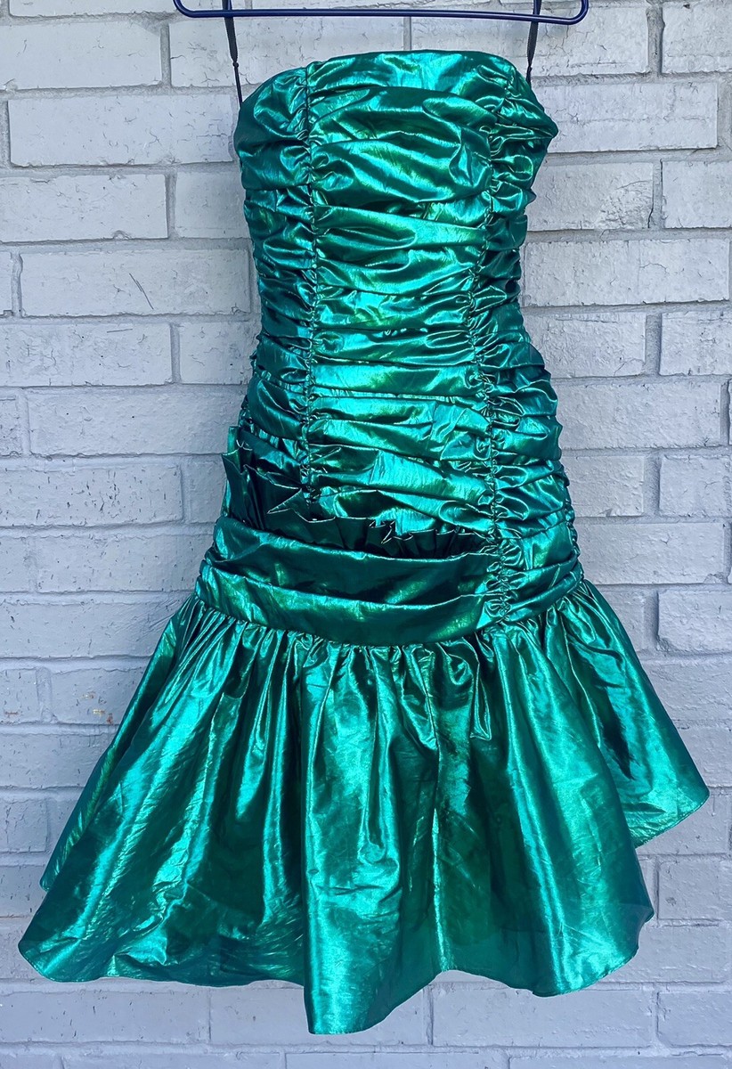 Vintage Estate 80's Green Metallic Dress Strapless Lamè Size 7