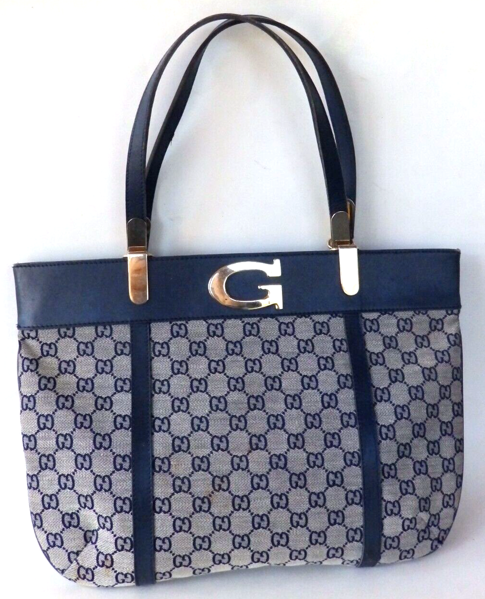 Authentic Vintage 1970s Gucci Blue Leather Canvas GG Authentic Vintage 1970s Gucci Blue Leather Canvas GG