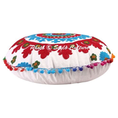 18 in Suzani Floor Cushion Round White Embroidered Floor Pillow Cushion Cover - Picture 2 of 7