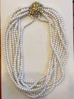 Vintage Signed SANDOR 8 Strand Milk Glass Bead  Enamel Rhinestone Clasp Necklace