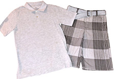 Boys ROUTE 66 gray plaid cotton shorts FG polo shirt 10 12 outfit bermuda preppy