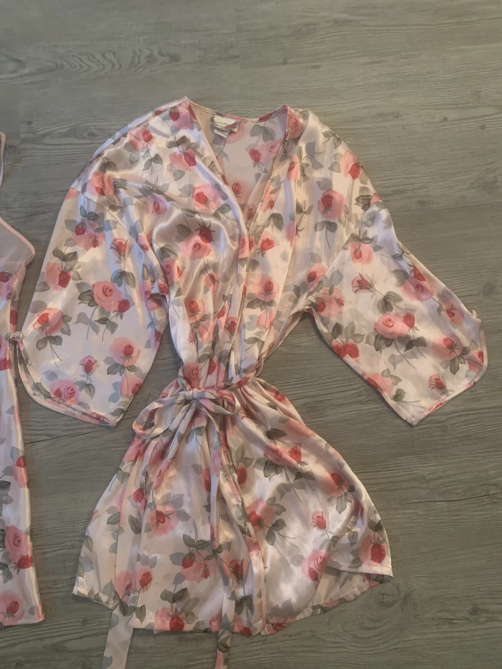"Juego de camisón vintage Jaclyn Smith L Chemise rosa rosas bata peignoir sexy 36""" Foto 3 de 4