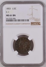 1853 NGC MS61BN Braided Hair Half Cent