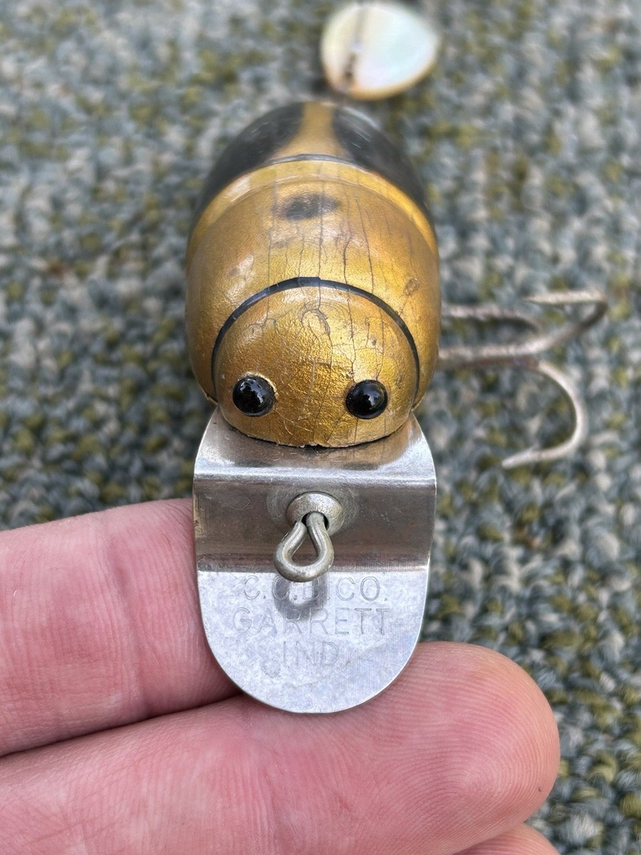 Vintage Creek Chub Beetle Fishing Lure Wood Black Gold Pearl