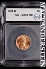 1958-D Lincoln Wheat Cent-ICG MS 66 RD Choice Gem BU No Reserve #SLM107