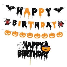 Happy Birthday Halloween Banner, Black Glitter Happy Birthday, NO DIY