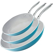 Gotham Steel Diamond Nonstick Ceramic Frying Pan Set 3pc Aqua Blue Oven Safe
