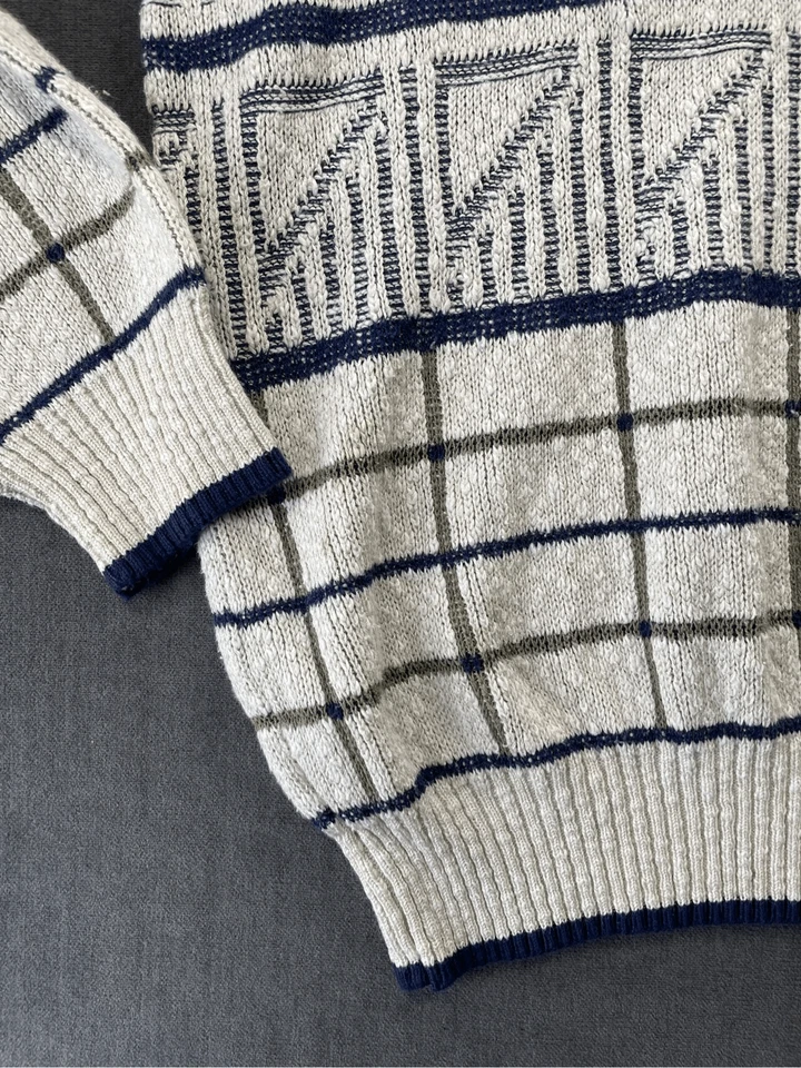 Suéter Tejido Geométrico Bugatchi Para Hombre L Beige Grandpacore Retro Años 90 Estilo Coogi Foto 2 de 4