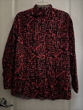 EUC Vintage Black Red Geometric Print Button Up Long Sleeves Shirt Men  s Small