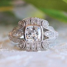 2Ct Cushion Cut Real Moissanite Art Deco Engagement Ring 14K White Gold Plated