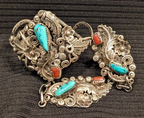 VTG Harry B Yazzie Navajo Silver Turquoise Coral Flora Slave Bracelet Sz 8 Ring