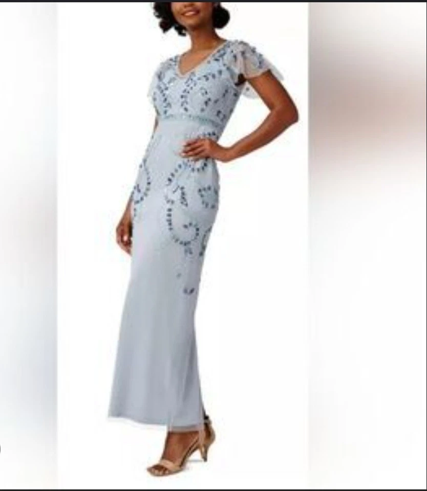 Papell Beaded Flutter Gown Women's Size 14 Color Glacier Nwt. - Image 4 of 4