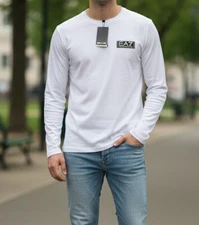 Emporio Armani EA7 Men's White 100% Long Sleeve Cotton T-Shirt 7VPT87,  Med/XL