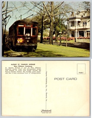 Vintage New Orleans St. Charles Avenue Streetcar Mansion Plastichrome Postcard