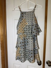 Tiered Patterned Sleeveless Mini Dress Women’s S Geometric Boho