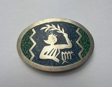 Vtg Mexican Alpaca Silver Belt Buckle with Turquoise and Green Stone