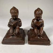 Antique KBW Kathodian Bronze Works Bronzed Cherubs Baby Reading Book Bookends
