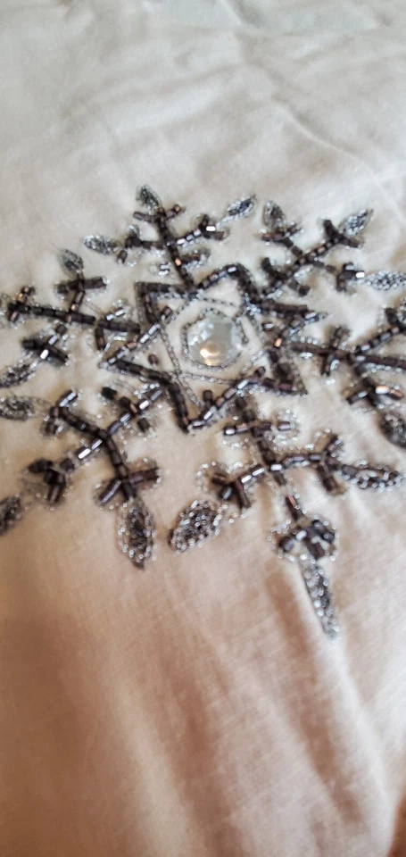 Nuevo 2011 Pottery Barn Marfil Lino Metálico Lentejuelas Copo de Nieve Árbol de Navidad Falda Foto 2 de 4