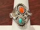 Vtg. Sterling Silver Turquoise & Coral Ring Size 6.5   10.6 Grams