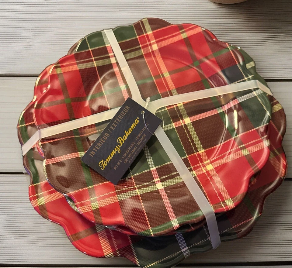 Tommy Bahama 8 piezas PLATOS DE CENA Y ENSALADA FESTONEADOS TARTÁN ROJO a Cuadros Navidad NUEVO Foto 2 de 4