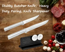 Rada 3 Pc Set Stubby Butcher, Heavy Duty, & Knife Sharpener (Silver Handle)