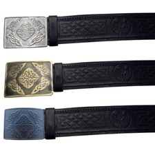 TC 100 Real Black Leather Kilt Belt Thistle Embossed Swirl Celtic Kilts Buckle