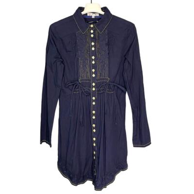 3J Workshop Johnny Was Blue Button Front Dress Floral Skull Embroidery Small  