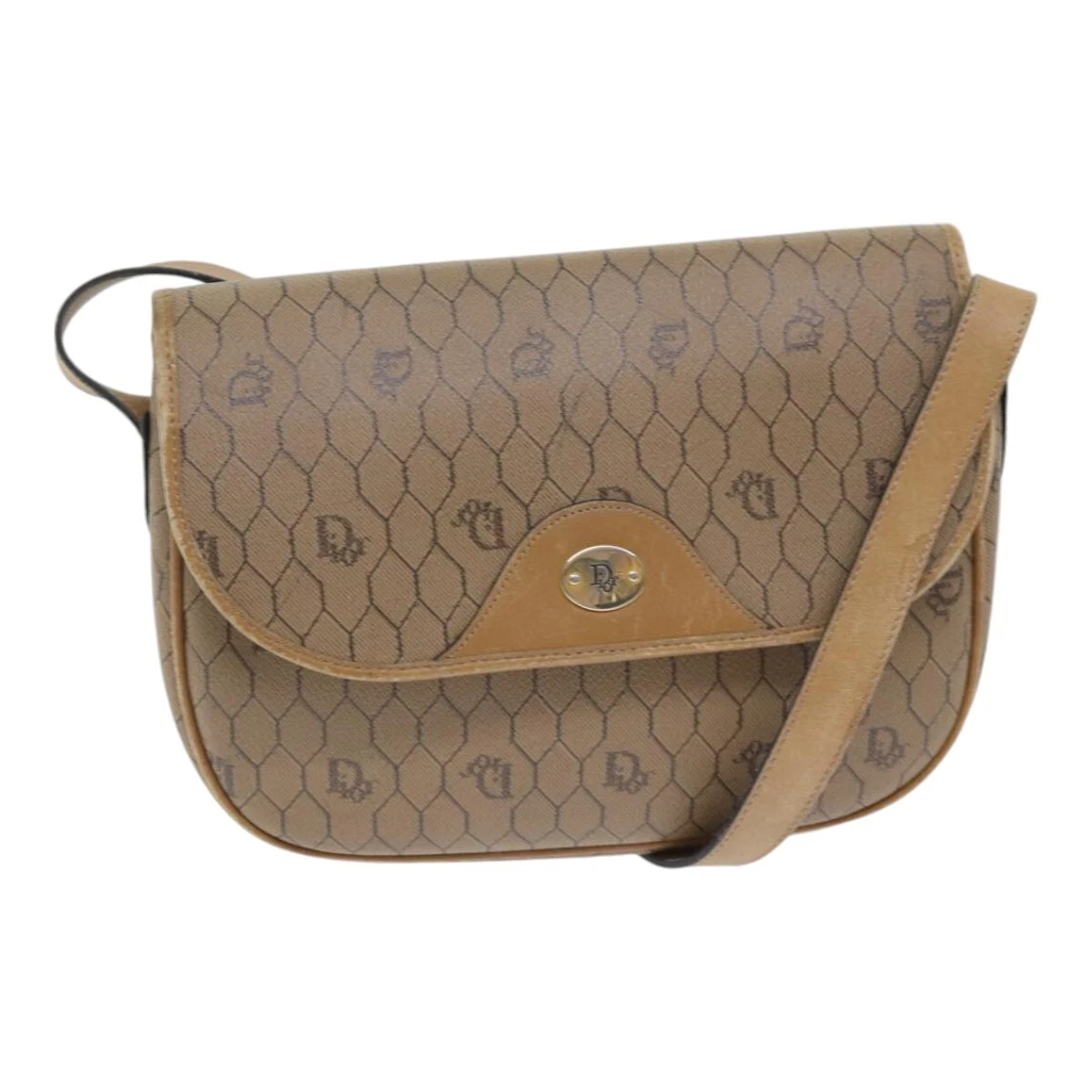 Christian Dior sac à bandoulière toile nid d'abeille PVC marron or authentique bs17901