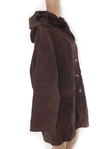 Cappotto Da Donna Taglia 48 50 2Xl 3Xl Marrone Crosta Di Cuoio Cappuccio Pelle - Picture 2 of 13