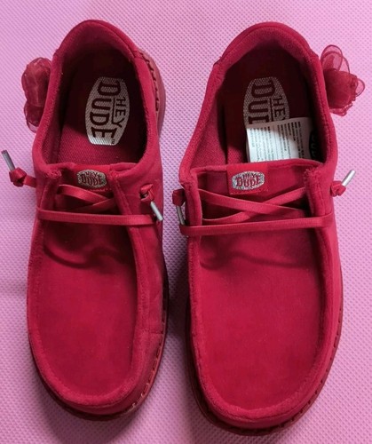HEY DUDE Women's WENDY VELVET ROSETTE RED Slide On Shoes W Tuled ๐น NWOB Sz 5 - Picture 6 of 22