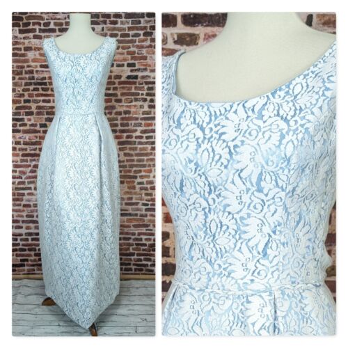 Vintage Blue and White Lace Formal Dress 60's Size XS XXS Long Maxi Sleeveless - Picture 1 of 10