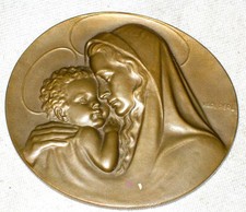 ANTIGUA MADONNA BEBÉ JESUCRISTO ARTE RELIGIOSO BRONCE ESCULTURA PLACA MEDALLA