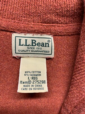 LL Bean Sweater Mens Orange Quarter Zip Large Long Sleeve Cashmere