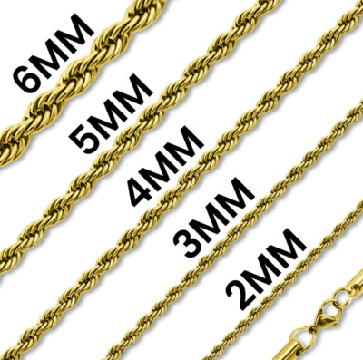 Stainless Steel 18k Gold PVD Coated Rope Chain Necklace 20'' Men Women 2/3/4mm