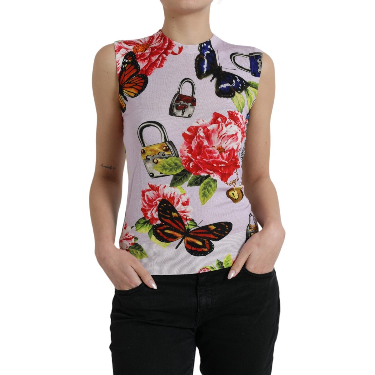Dolce & Gabbana タンクトップ 38 DOLCE & GABBANA Top Tank Multicolor Floral Padlock Butterfly