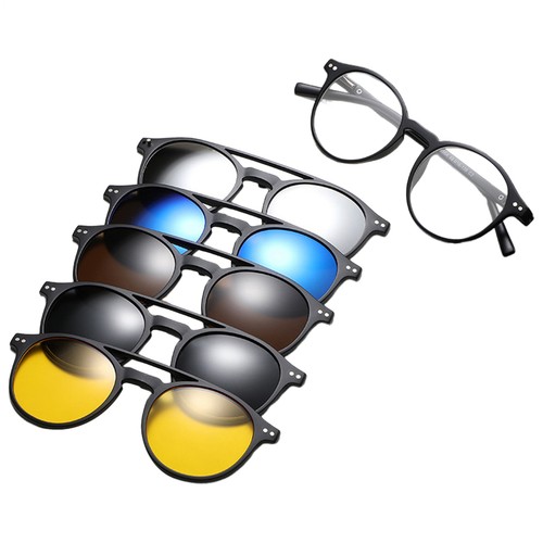 Magnetic Spectacle Rx Glasses Frame With 5+1 Pieces Polarized Sunglasses Clip-on