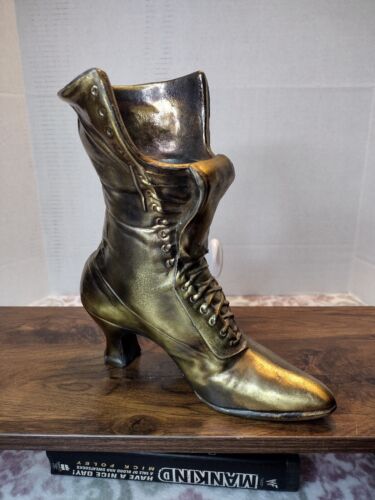 Vintage Electroplated Cast Aluminum Victorian Style Laced Boot Planter/Vase - Foto 1 di 9