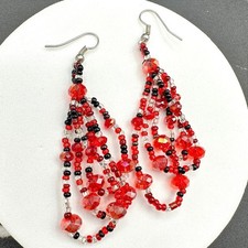 Contemporary Red Plastic Glass Faceted Beaded Dangle Spiral French Wire Earrings