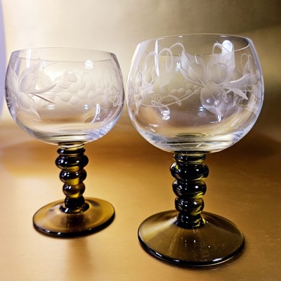 German Roemer Wine Cordial Glasses Etched Grape Green Beehive Stem MCM Set of 2