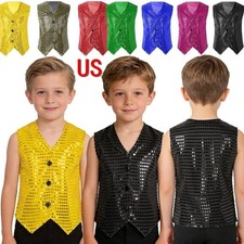 US Boys Girls Sparkly Sequins Vest Crop Top Hip Hop Jazz Modern Dance Jacket