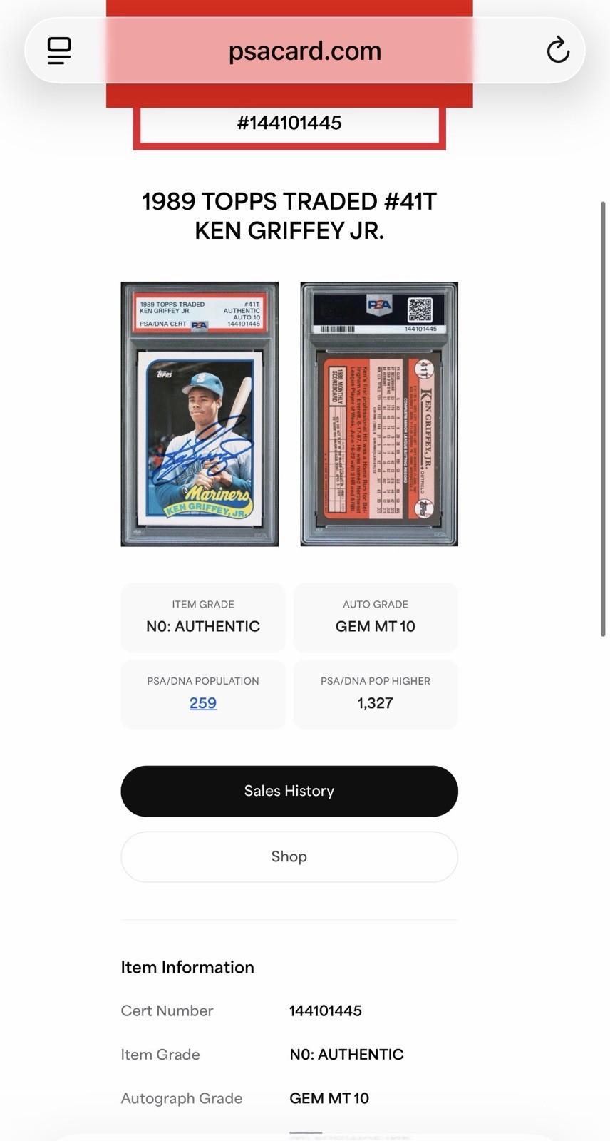 Ken Griffey Jr. 1989 Topps Traded #41T Signed Rookie Baseball Card Auto PSA 10 view 3