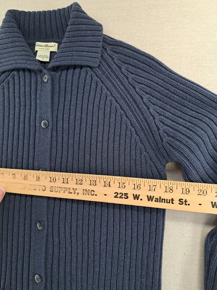 Cárdigan Suéter Eddie Bauer Para Mujer Pequeño Azul Acanalado Cable Tejido Plumero Largo Foto 4 de 4
