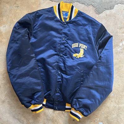 #ad Vintage 80s Champion High Point University Satin Bomber Jacket Blue Men’s Large $119.99