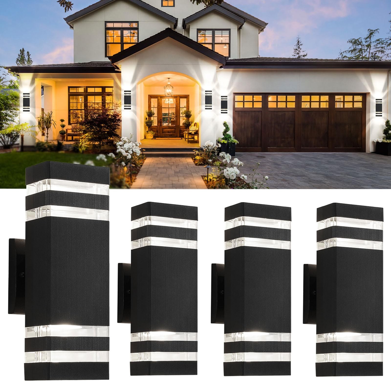 4 Pack Outdoor Wall Lights, Modern Exterior Light Fixture Wall Mount Black Ou...